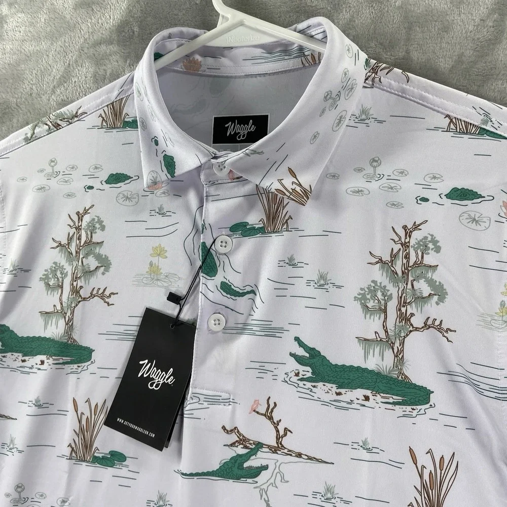 Waggle Golf Shirt Mens Medium Polo Performance Alligator Water Hazard AOP NWT - Picture 2 of 13